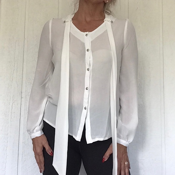 159 MA VINTAGE WHITE TIE NECK BLOUSE SMALL - Picture 2 of 10